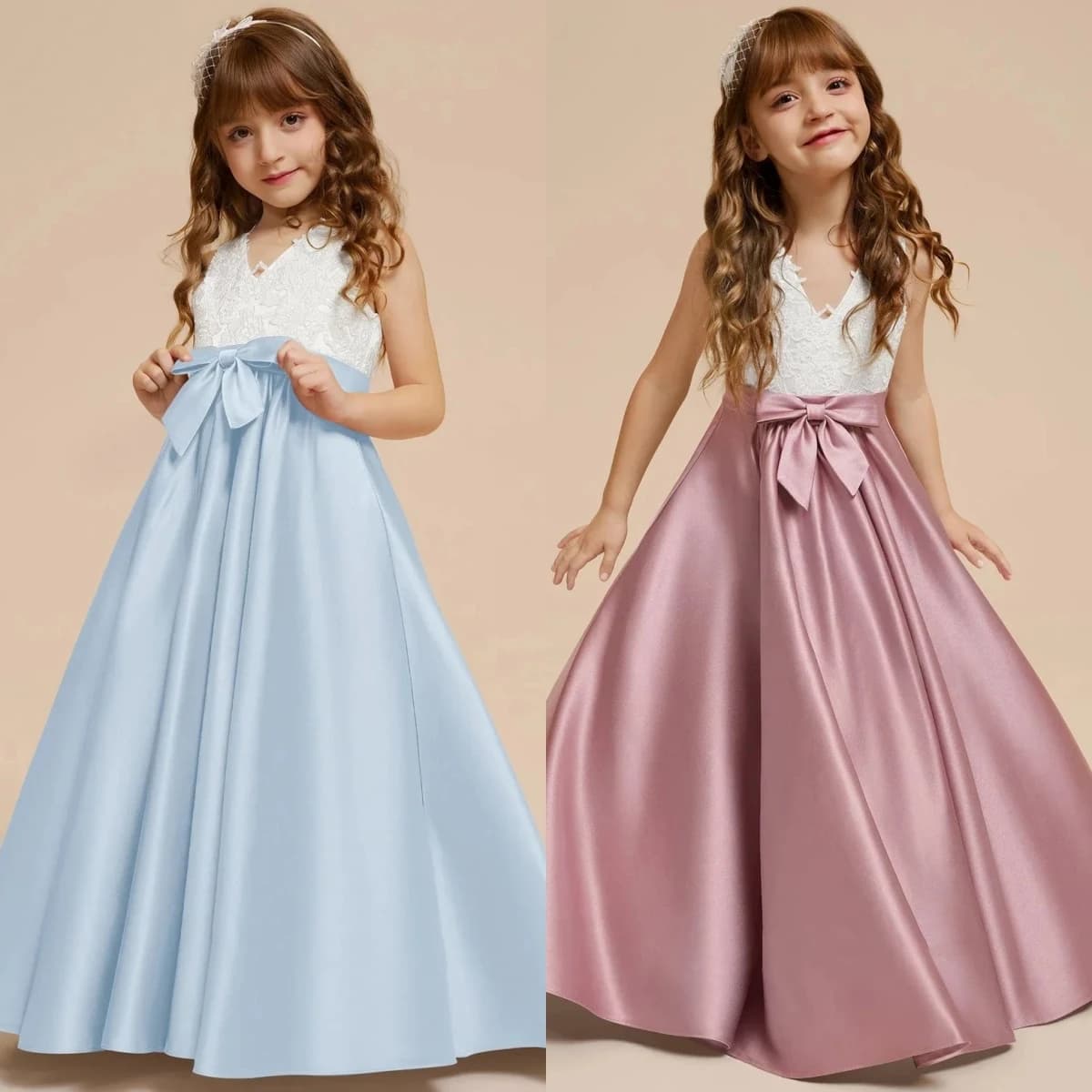 Lovely Pink A-line Floor-Length Satin Flower Girl Dress Multiple Colors Wedding Dresses Party Kids Birthday Evening Gowns
