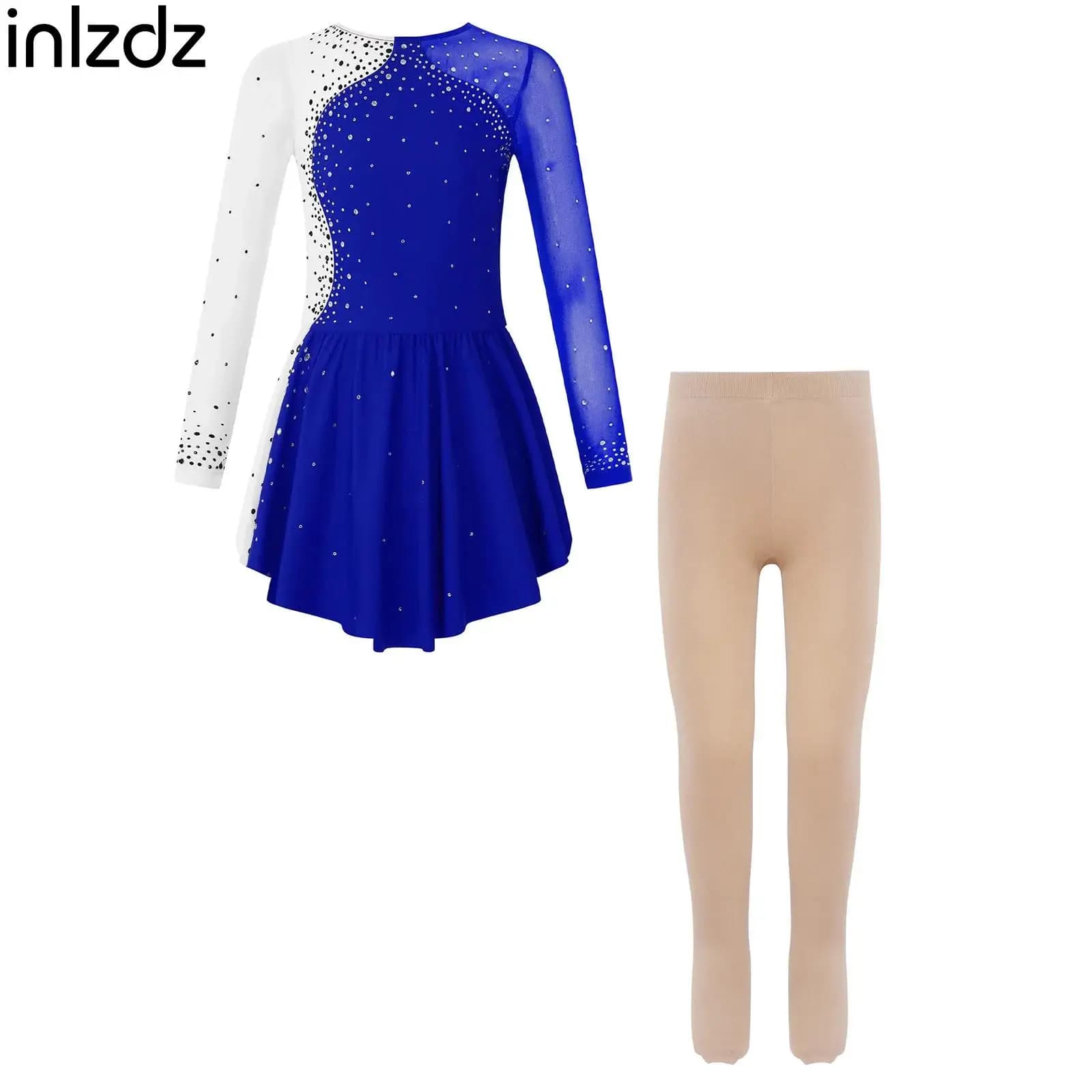 Set da Danza Classica per Bambine, Costume per Pattinaggio Artistico con Strass, Abito a Maniche Lunghe + Collant per Spettacoli e Allenamenti