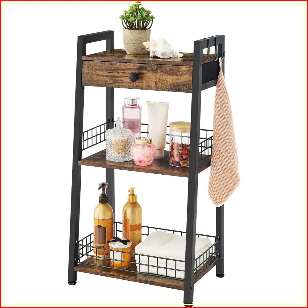 3-Tier Ladder Shelf with Drawer, Bathroom Stand for Small Spaces, Rustic Brown Storage Organizer
