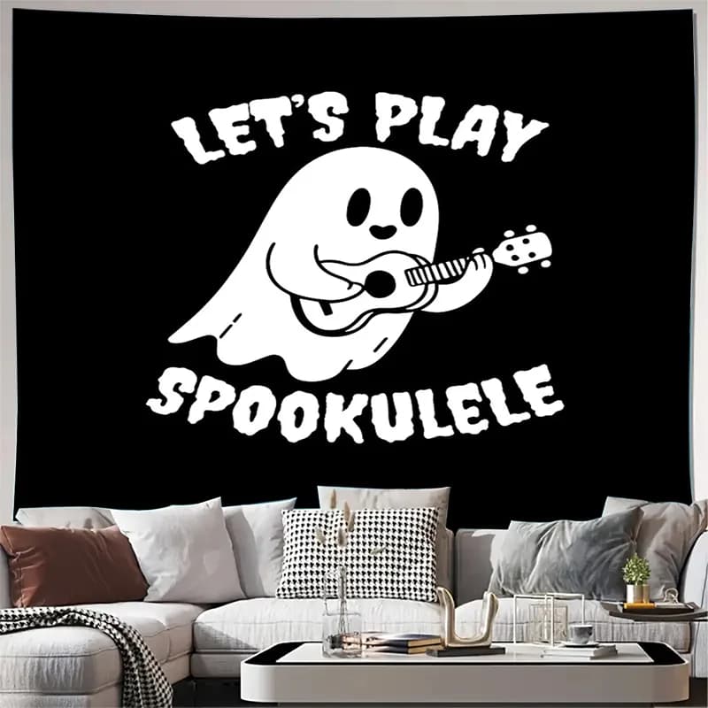 Fantasma spettrale che gioca con un ukulele Arazzo appeso a parete Decorazioni per la casa Camera Estetica Halloween Gotico Kawaii Camera da letto Dormitorio Wall Art