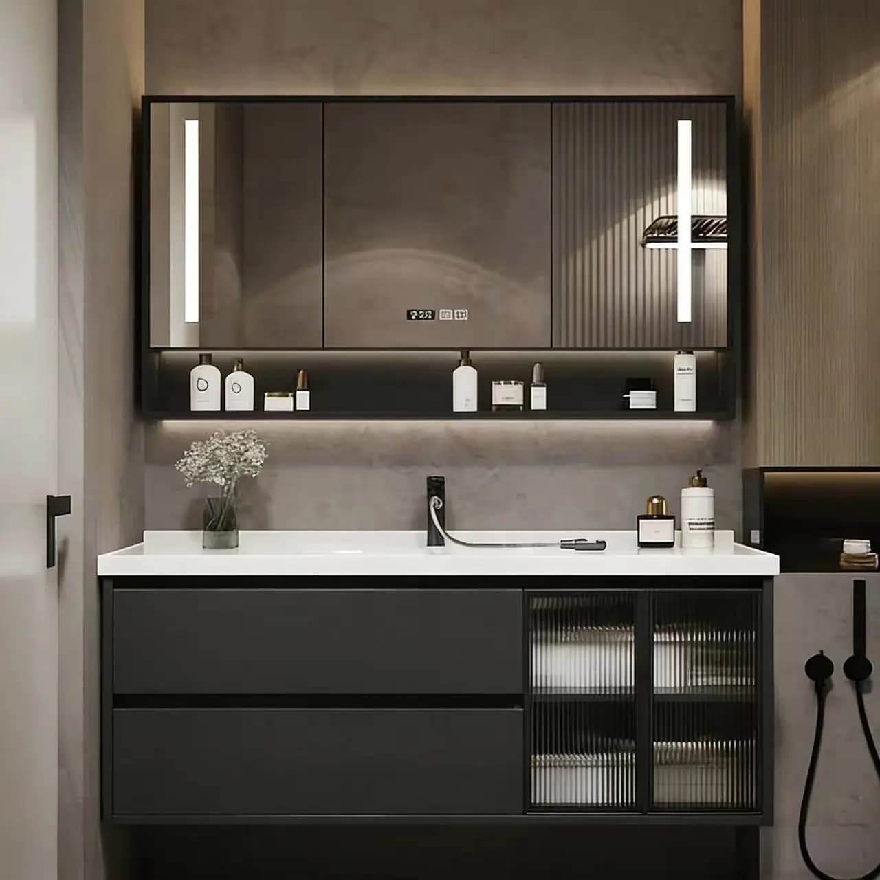 Lavabo Integrato in Ceramica, Set Bagno Intelligente, Specchio con Lavabo per Mani e Viso, Mobile Lavabo da Bagno