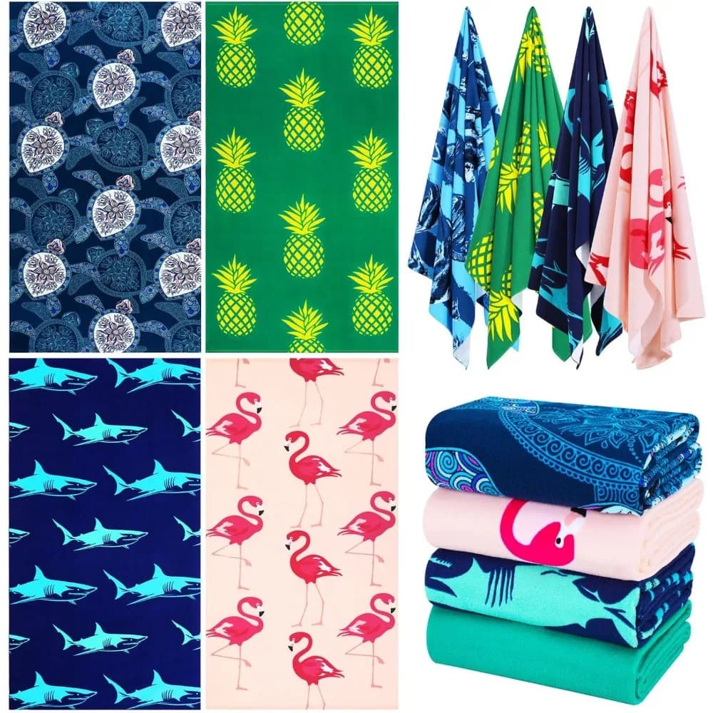 Set di 4 Teli da Spiaggia Sottili e Grandi 36x72, Asciugatura Rapida, Coperta da Viaggio, Coprisedia, Motivi Squalo, Tartaruga, Fenicottero