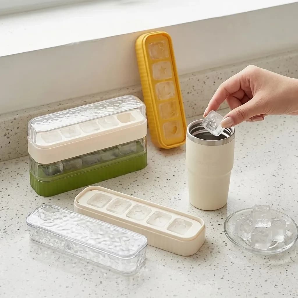 Mini vassoio per cubetti di ghiaccio in plastica con coperchio, riutilizzabile, 5 scomparti, stampo per ghiaccio, utensili da cucina e bar, stampo per cubetti di ghiaccio quadrati per whisky, birra, bevande fredde