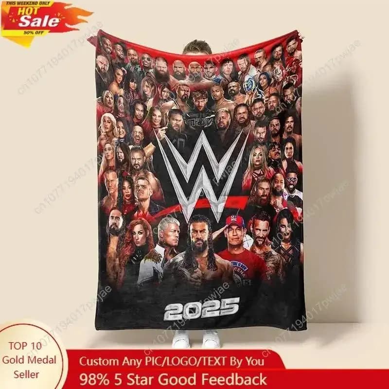 Coperta in Flanella con Logo WWE, Morbida e Calda, Stampata su Misura per Soggiorno e Arredamento Casa, Tessuti Confortevoli e alla Moda
