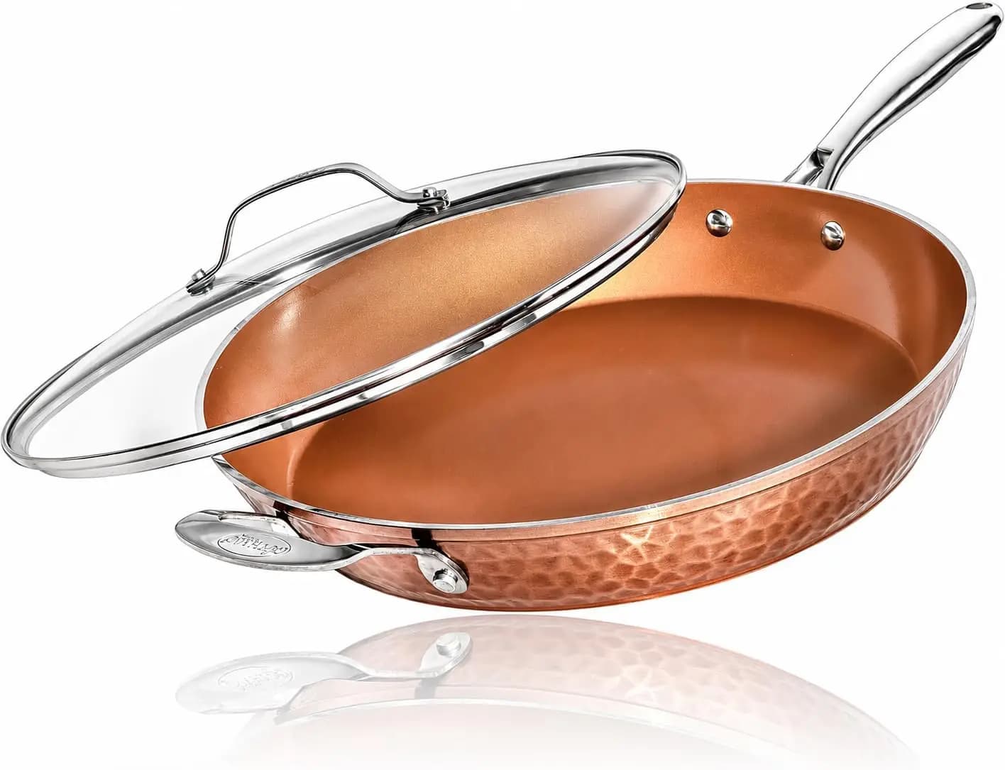 Nonstick Frying Pan with Ceramic Coating and Induction Plate for Even Heating, Hammered Copper 14， PFOA/PFOS/PTFE Free Ceramic Coating
