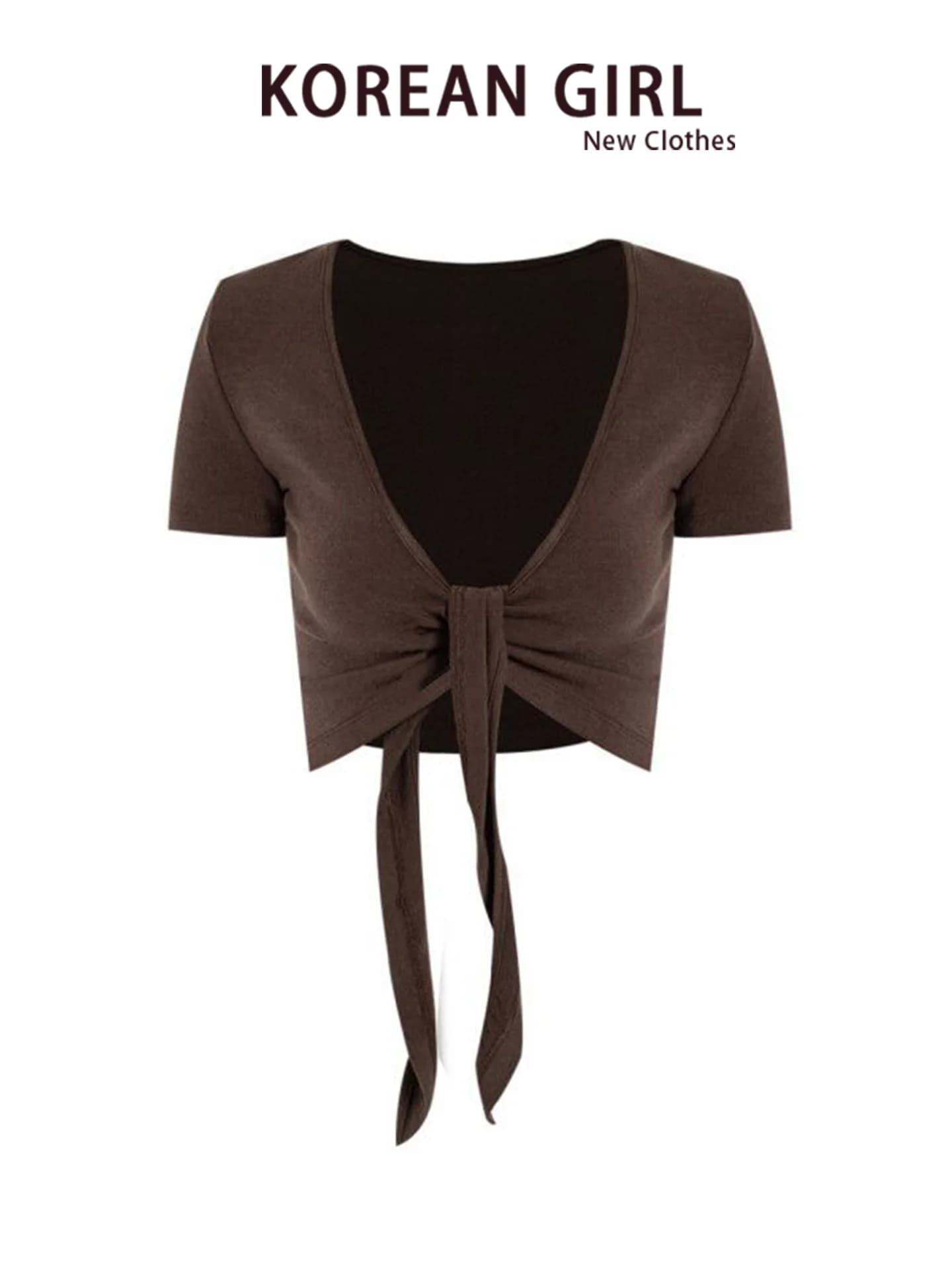 Summer Short Sleeve Knitted Open Cardigan Belted Trendy Women's Top Brown Color Block V-Neck Midi Length Casual Fashion