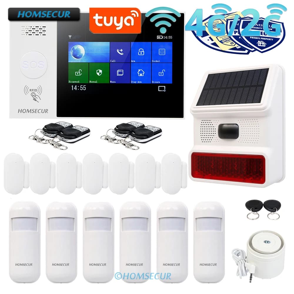 HOMSECUR Tuya APP Wireless WIFI 4G Home House Security Alarm System 433MHz + Wireless Solar Red Flash Siren 6 PIR Motion Detector