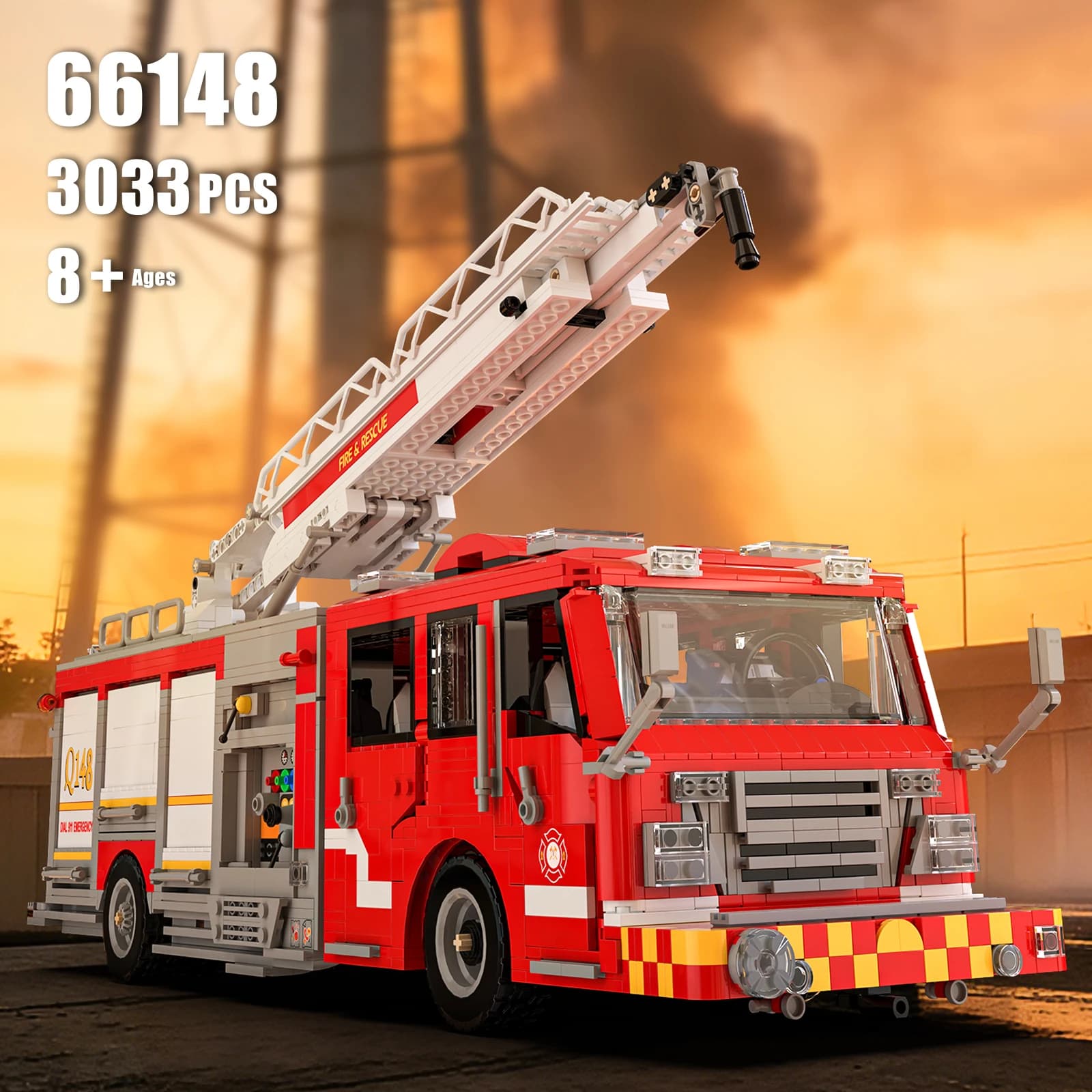 Modello di camion dei pompieri americani da 3033 pezzi, kit di costruzione dettagliato per camion con scala, entusiasmante regalo di compleanno per gli appassionati di veicoli dai 6 anni in su