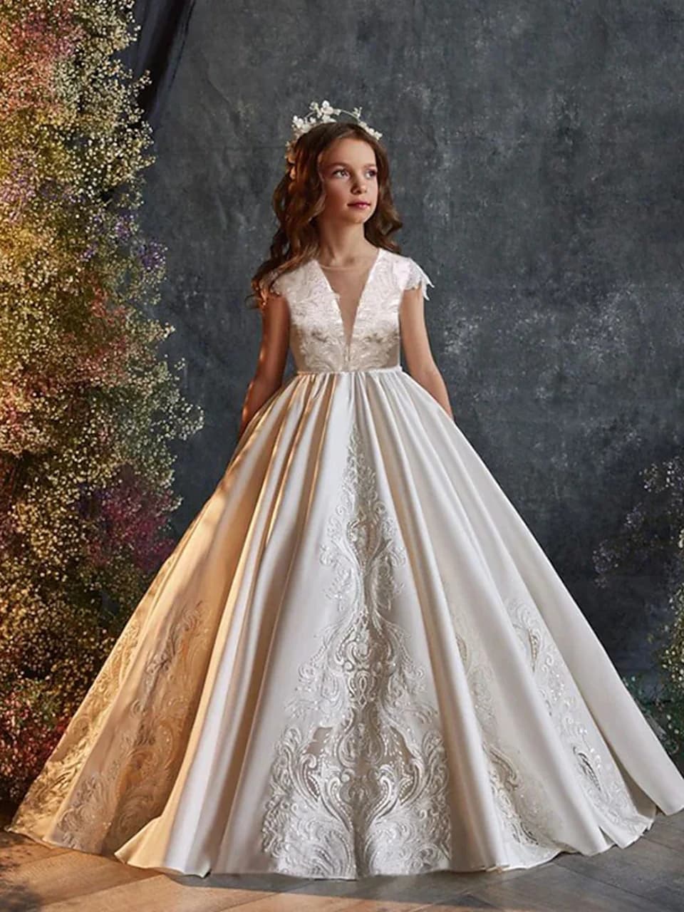 Abito da bambino con fiore in raso personalizzato, senza maniche, con coda di pizzo, matrimonio, fiore elegante, primo compleanno eucaristico per bambini