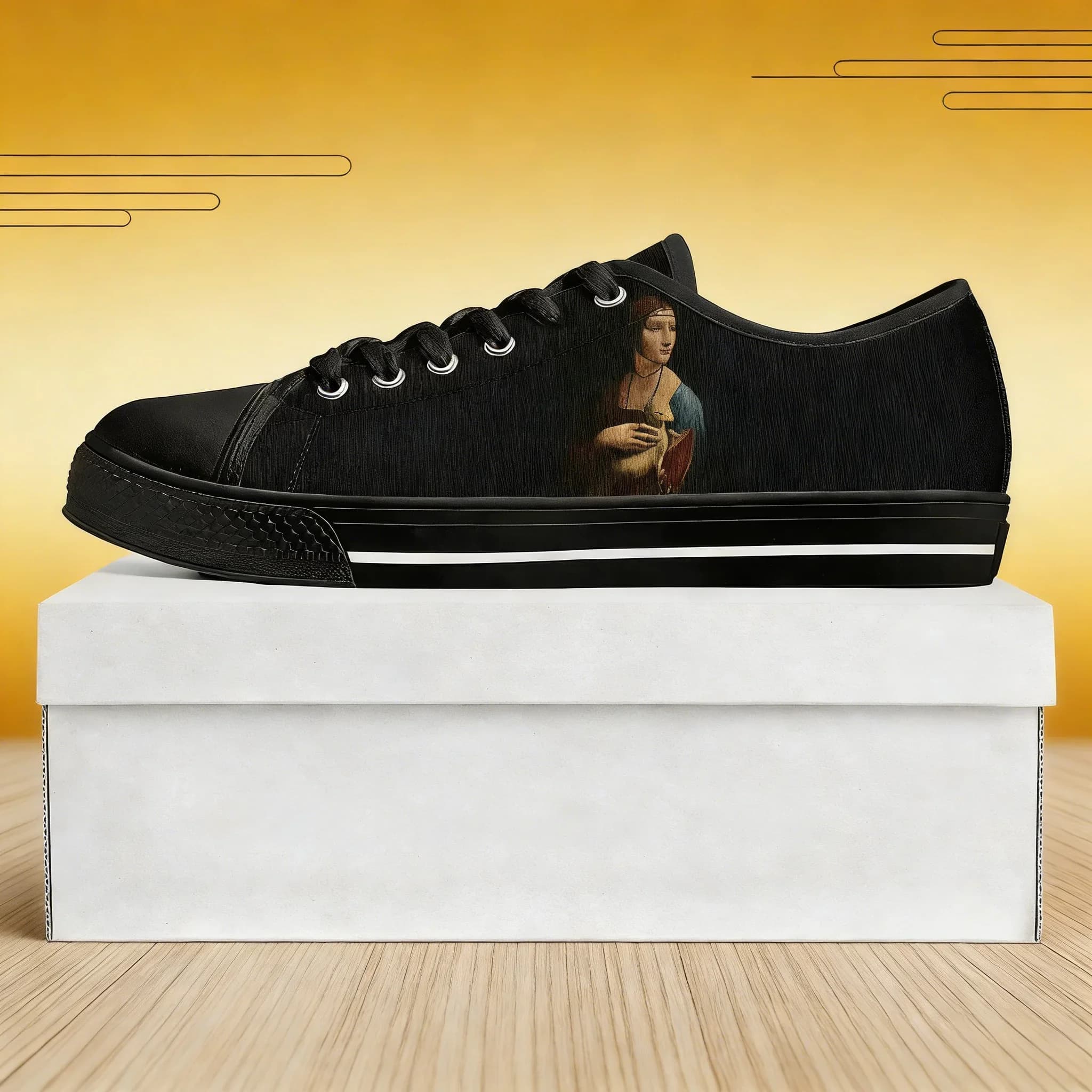 Sneakers in Tela Nera Personalizzate con Stampa Lady Ermine, Scarpe Casual Unisex a Profilo Basso