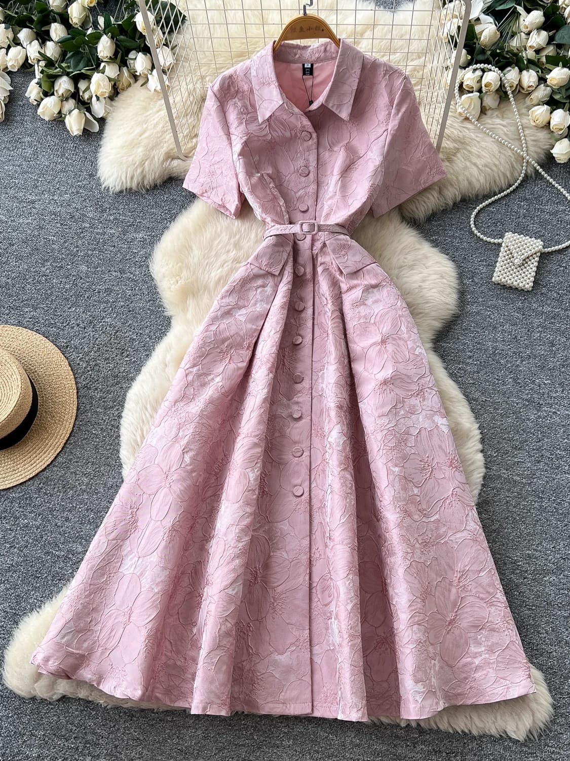 Elegante Abito Stile Coreano a Trapezio con Maniche Corte e Colletto Rovesciato, Vestito Estivo da Ufficio con Vita Sottile, Abito Formale