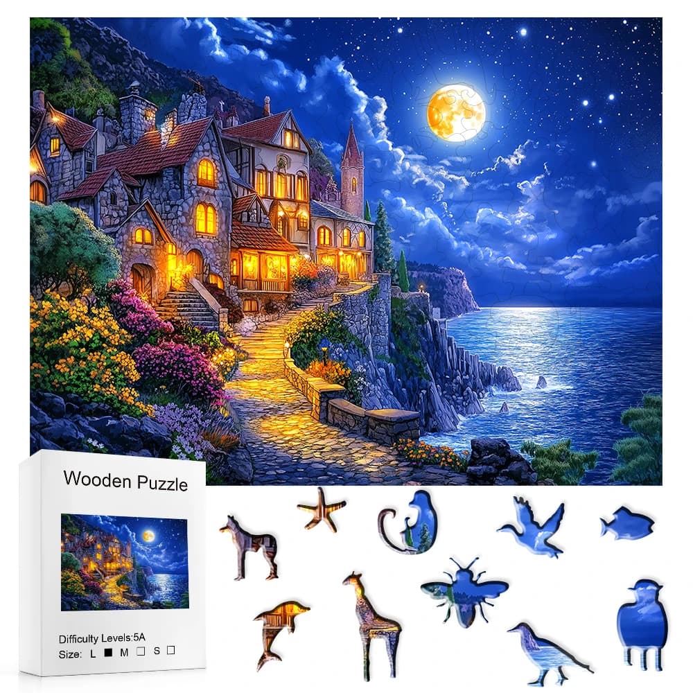 Puzzle in legno del castello costiero illuminato al luna con pezzi unici a forma di animale, puzzle impegnativo per adulti, regalo ideale e casa D