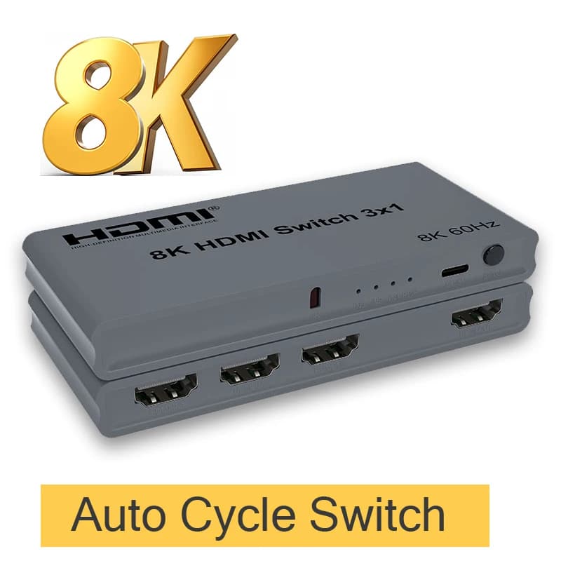 HDMI automatic switcher at 3 ports in 1 output 8K@60Hz 4K@144Hz HDMI automatic switch 3x1 with HDR remote control for PC XBox TV Monitor