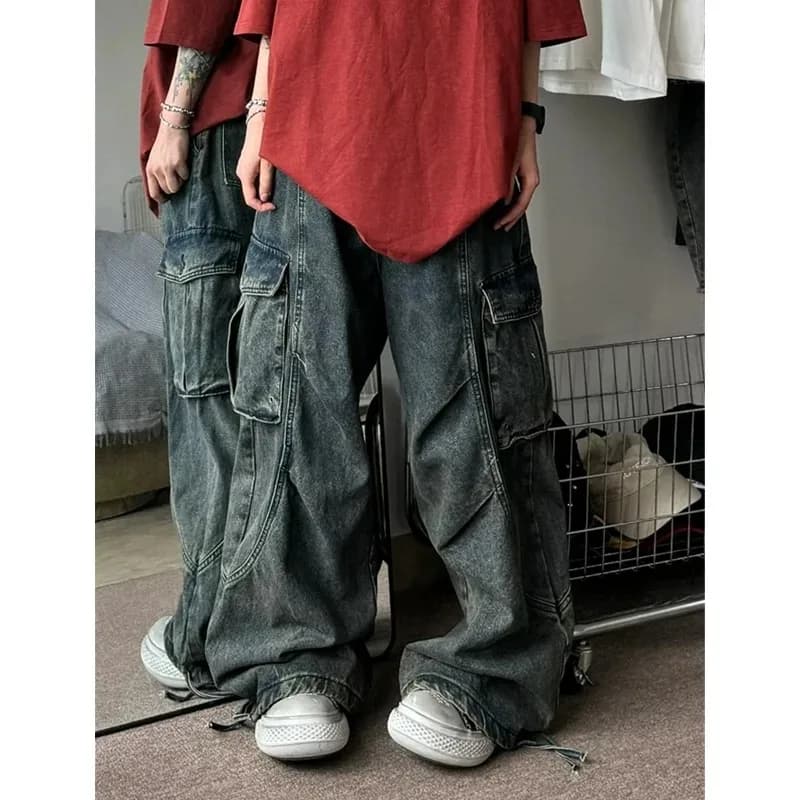 Jeans blu dritti a vita alta vintage americani Pantaloni casual da strada da donna Pantaloni larghi in denim lavato grunge a gamba larga