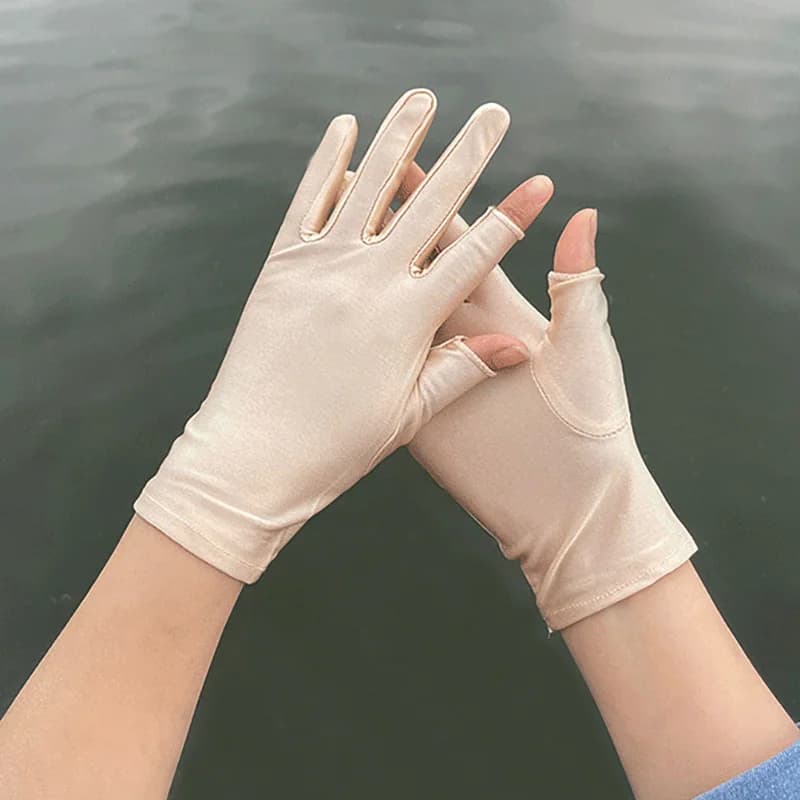 Guanti Estivi da Donna Beige e Neri, Sottili e Traspiranti per Sport all'Aperto, Guanti Senza Dita per Guida, Protezione Solare, Elastici