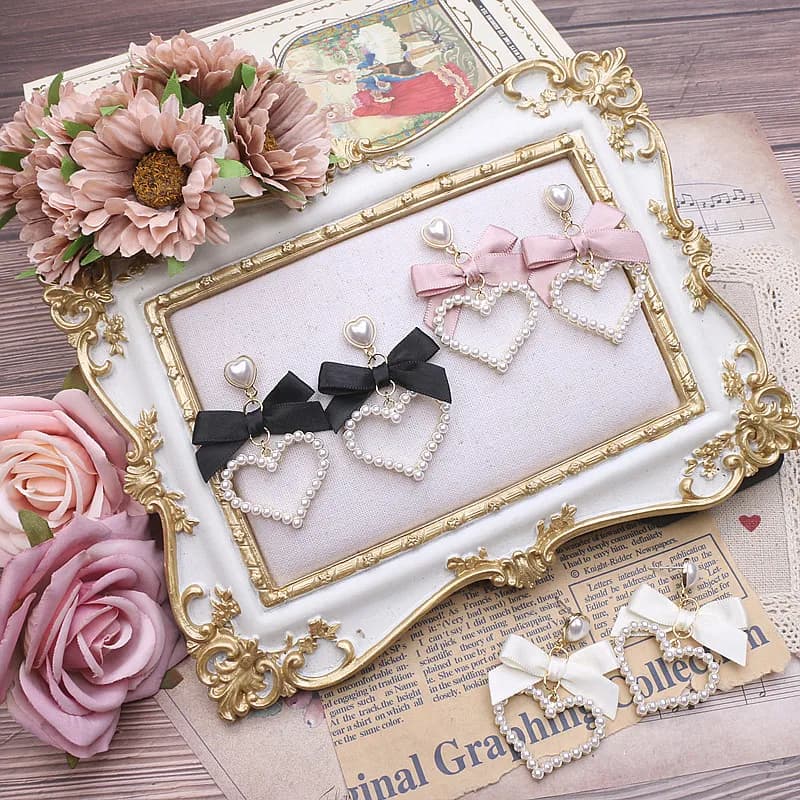 Orecchino Lolita stile giapponese Lo Perla Cuore Loria Gioielli Dolce e carino Fiocco da donna Harajuku Nero Y2K Regalo per ragazza