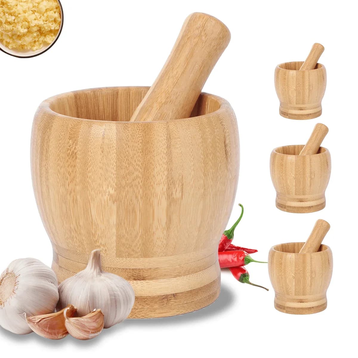 Bamboo Mortar and Pestle Set, Garlic Grinder, Herb Spice Masher, Seasoning Crusher, Kitchen Tool for Mash Spices Pepper
