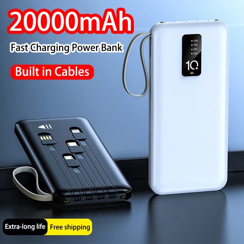 Power Bank da 20000 mAh Cavo integrato Caricatore portatile rimovibile Batteria esterna per telefono Powerbank a ricarica rapida per iPhone Xiaomi