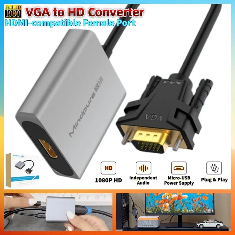 Convertitore Adattatore VGA a HDMI (19 Pin) con Audio 1080P@60Hz HD per Laptop PC HDTV BOX Monitor da Maschio a Femmina VGA2HDMI