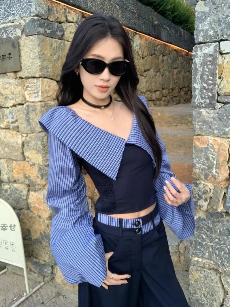Spring 2026 Women's High Waist Wide Leg Pants Striped Shirt Set Fashionable Elegant Two-Piece Cotton Long Sleeve V-Neck Suit
