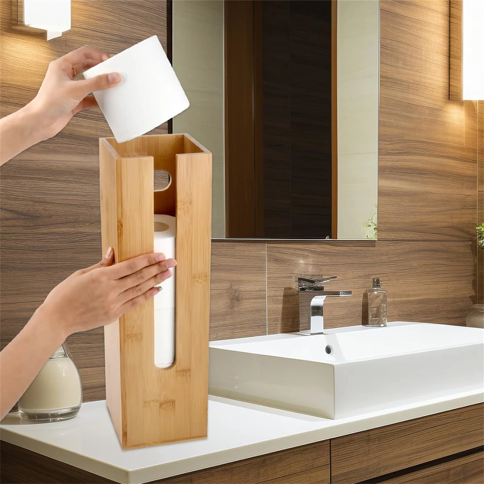 Porta carta igienica in bambù con coperchio Organizzatore per riporre il pavimento del bagno per rotoli di copertura del tessuto Decorazioni per la casa moderne