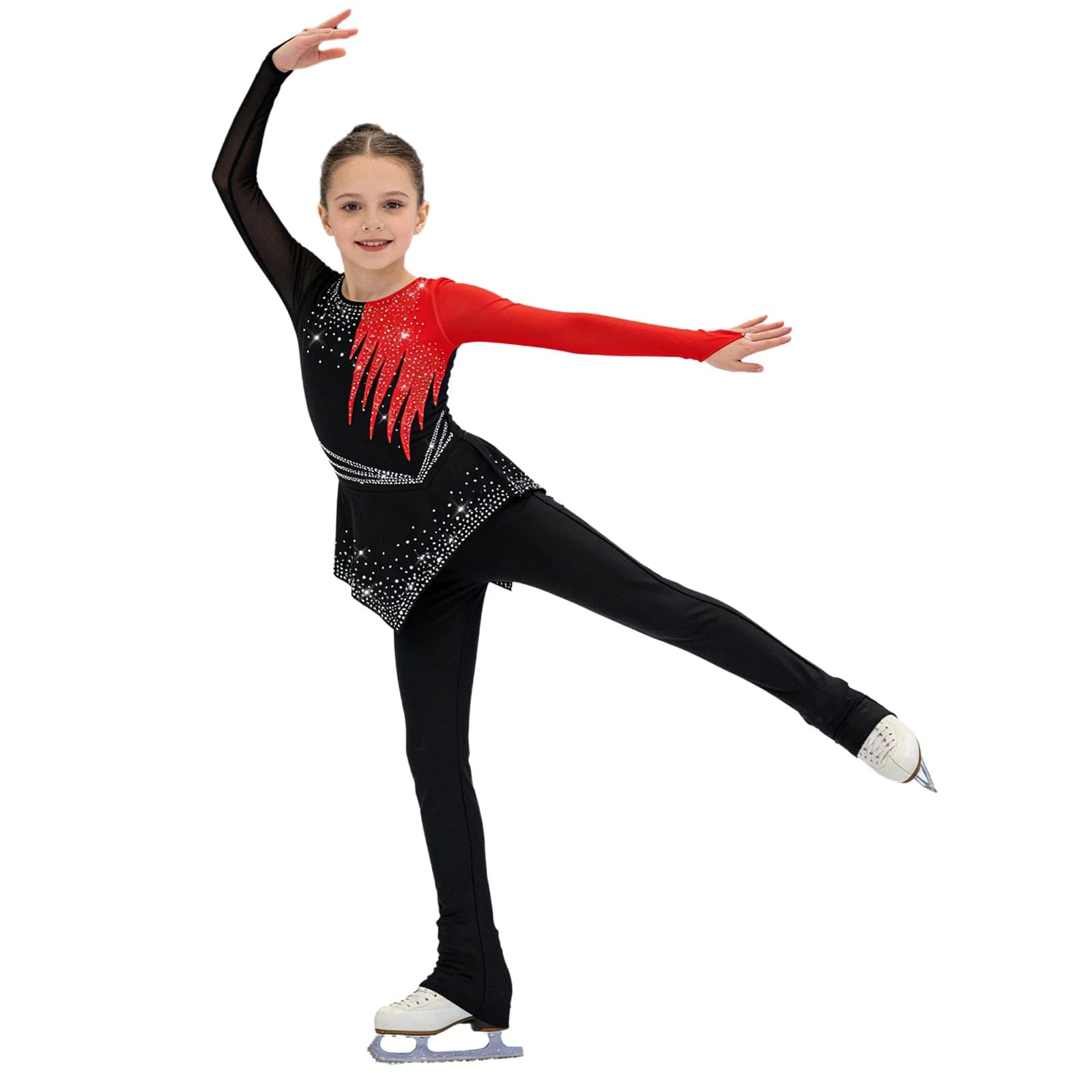 Body da Danza Lirica per Bambine, Tuta da Ginnastica per Pattinaggio Artistico, Abbigliamento da Ballo con Maniche Lunghe e Strass Luccicanti