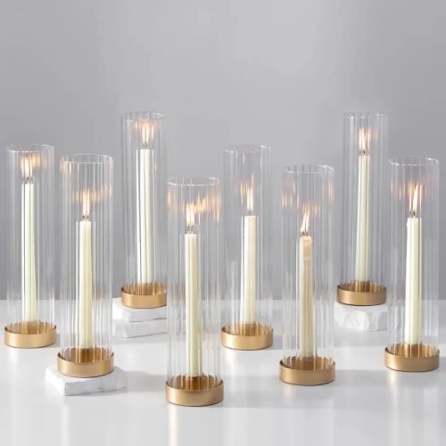 Portacandele Hurricane Glass: Set di Portacandele Dorati con Copertura Cilindrica Trasparente Alta 28 cm, per Candele a Cono