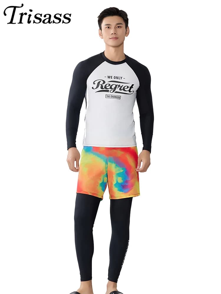 Trisass Uomo Costumi da bagno Tre pezzi Manica lunga Protezioni ad asciugatura rapida Costume da bagno sportivo professionale Uomo Taglie forti L-7XL Tuta da surf