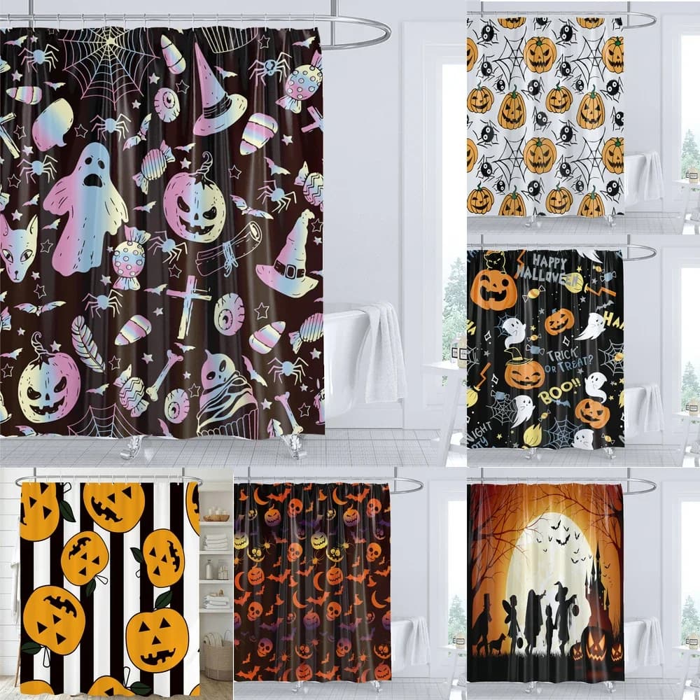 Tenda da doccia impermeabile Spooky Halloween: design festivo con zucche, fantasmi e pipistrelli per un arredamento da bagno stregato