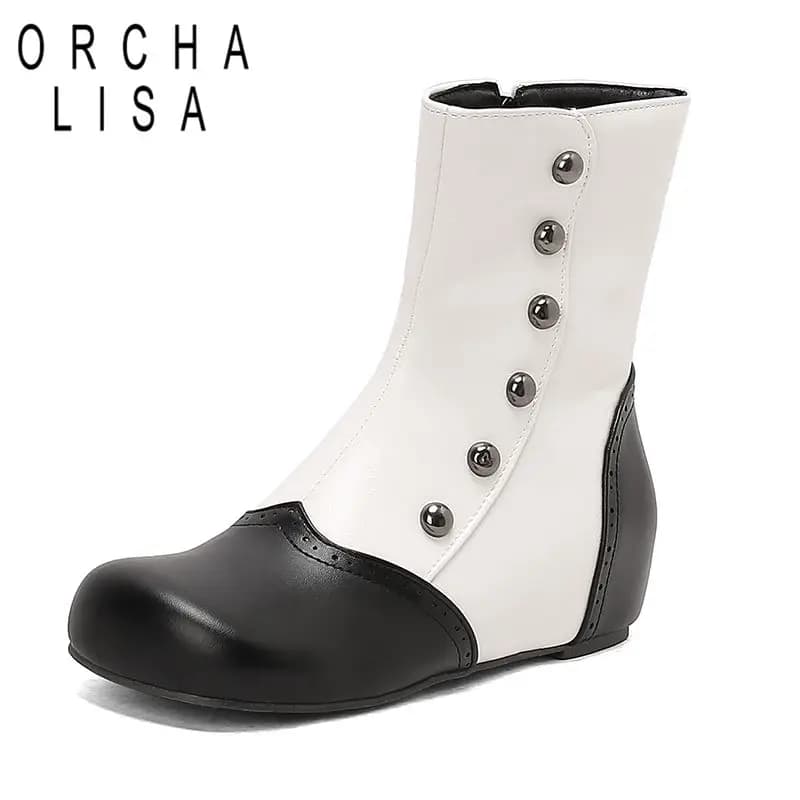 ORCHA LISA 2025 Luxury Women Ankle Boots Round Toe lncreased Heel 4cm Zipper Rivets Mixed Color Plus Size 48 49 50 Casual Bota