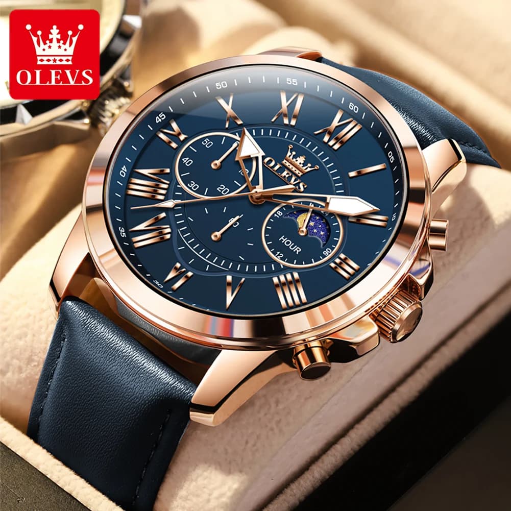 OLEVS 3632 Men Brand Watch Multi-functional Dial 24-hour Moon Phase Timekeeping 30m Waterproof Luminous Leather Strap Watch