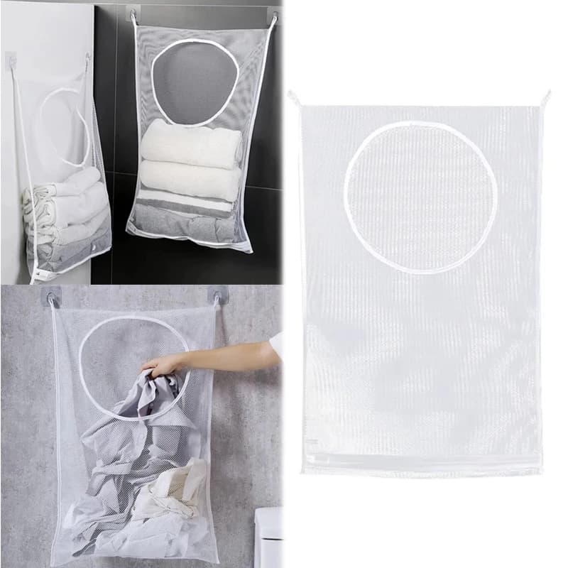 Foldable Mesh Laundry Basket Wall Hanging Dirty Clothes Storage Bag with Hook Household Bathroom Closet Organizer