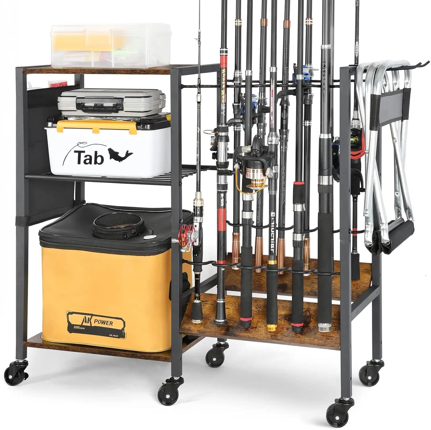 Fishing rod trolley with organizer to store equipment for organizing equipment coil for garage boat home entrance