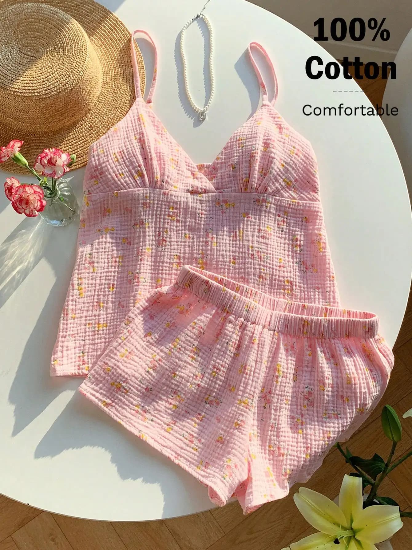 2pcs Pink Floral Cotton V-Neck Camisole & Shorts Set for Summer Lounge or Pajamas