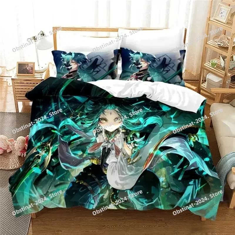Anime Genshin Impact Paimon Set letto stampato Copripiumino Federa Set biancheria da letto Lenzuolo Copripiumino Completo Queen King Size