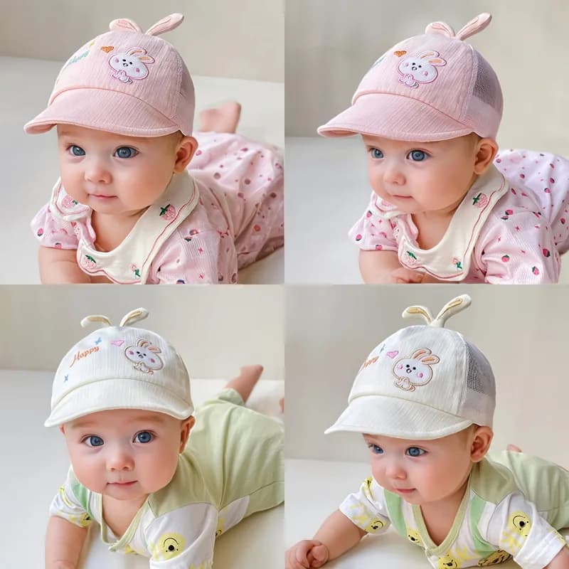 Cappellino a Rete per Neonati 0-6 Mesi con Visiera a Becco d'Anatra, Simpatico Cappello Parasole a Forma di Coniglio, Visiera Estiva per Bambini, Cappellini da Baseball per Neonati
