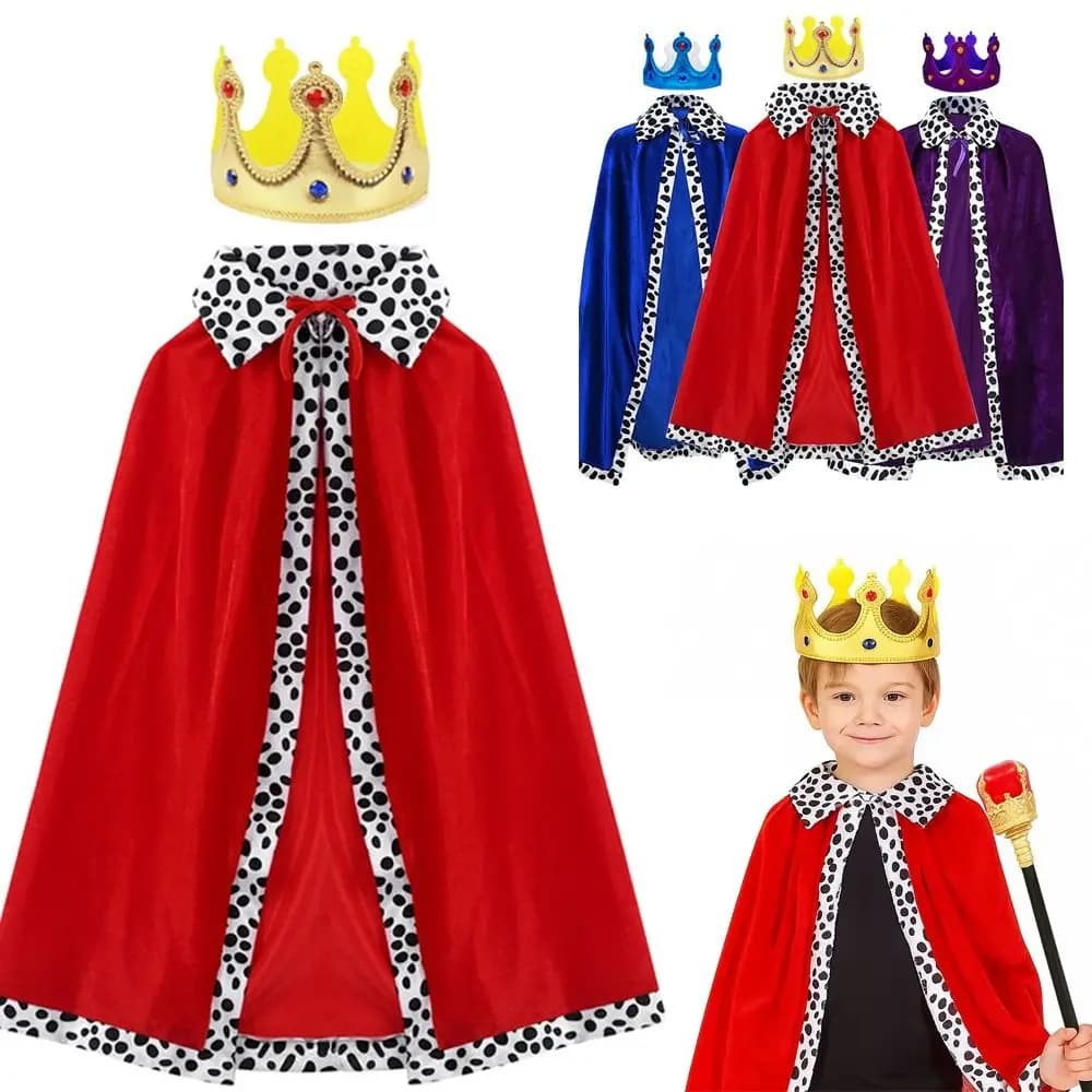 Halloween King Mantle 80/90/130/150cm, Red Velvet Party Costume, Royal Prince's Mantle for Boys with White Points