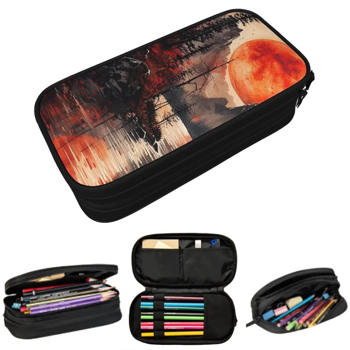 Astuccio per matite con pittura a inchiostro con sole rosso e montagna, per regali per bambini, scatola per penne, borsa per matite, articoli di cancelleria, borsa porta penne