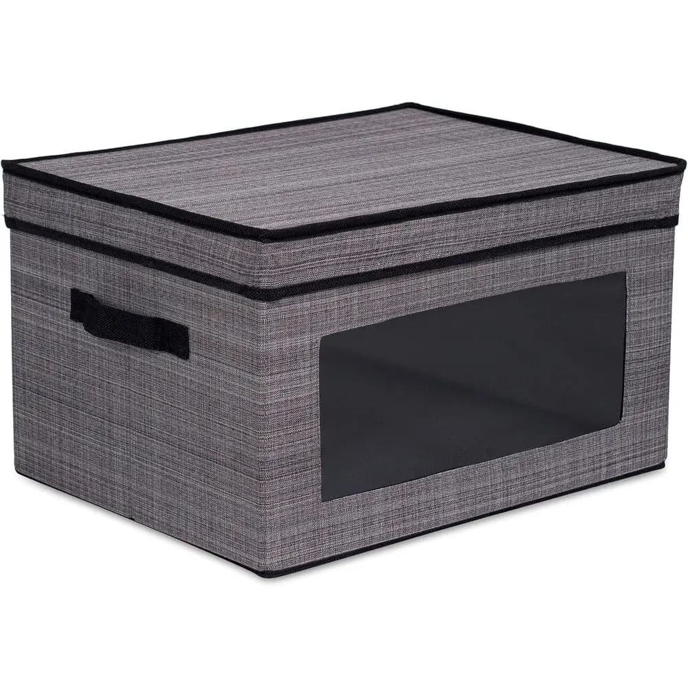 Storage container with window - Heavy duty storage basket with lid and handles - Organizer for clothes, toys and baby items - Grey