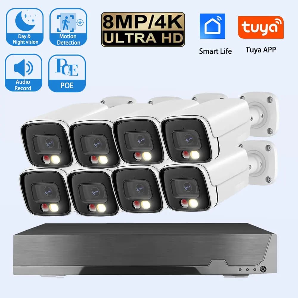 Telecamera di sicurezza da 8 MP Sistema esterno Cavo da 20 M POE 8CH NVR Kit CCTV Audio Ai Face Record Rilevazione di veicoli domestici Audio di sorveglianza
