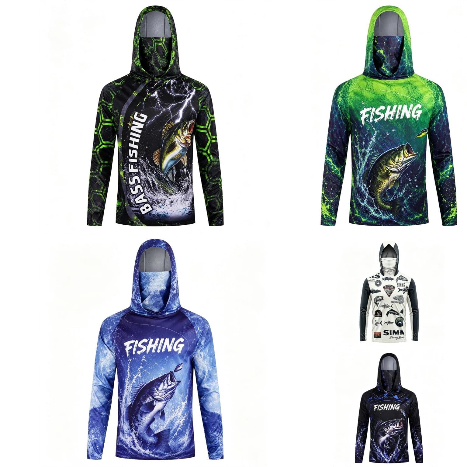 Men Hooded Fishing Shirt With Face Mask Long Sleeve Quick‑Dry Anti‑UV Bass Fish Print Multi‑Pattern Outdoor Fisherman Jersey