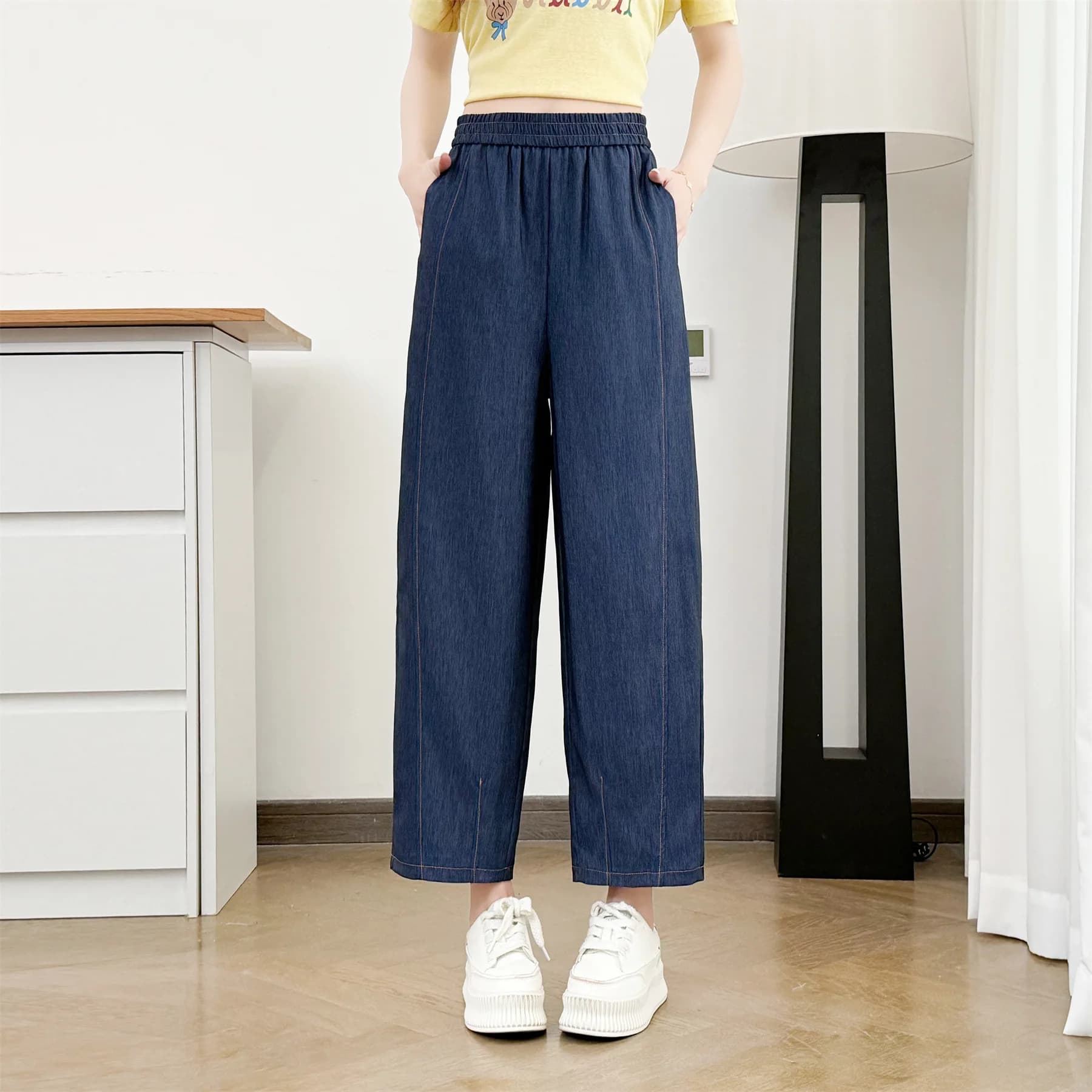 Pantaloni Balloon in Denim Estivi 2026 Taglie Forti con Elastico in Vita, Dettagli Cuciti, Effetto Snellente, Lunghezza alla Caviglia, per Donne Curvy 9829