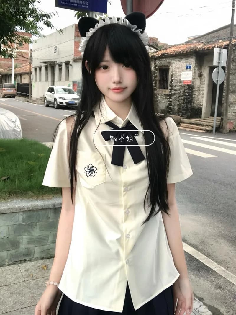 Modern Fashion Simple Preppy Style Embroidery Blouse With Tie Y2k Pleated All Macth Punk Skirts Harajuku Casual 3 Piece Sets