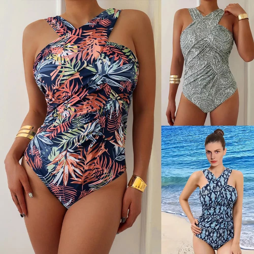 Women Swimsuit Plus Size Modest Swimwear Cross Front Swimsuit Halter Neck Ruched Waist Swimwear Navy Blue Woman Tankinis
