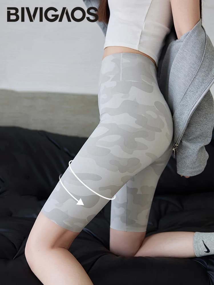 BIVIGAOS Summer Slim Camouflage Knee Length Cycling Shorts Women Casual Sharkskin Sports Fitness Running Biker Short leggings