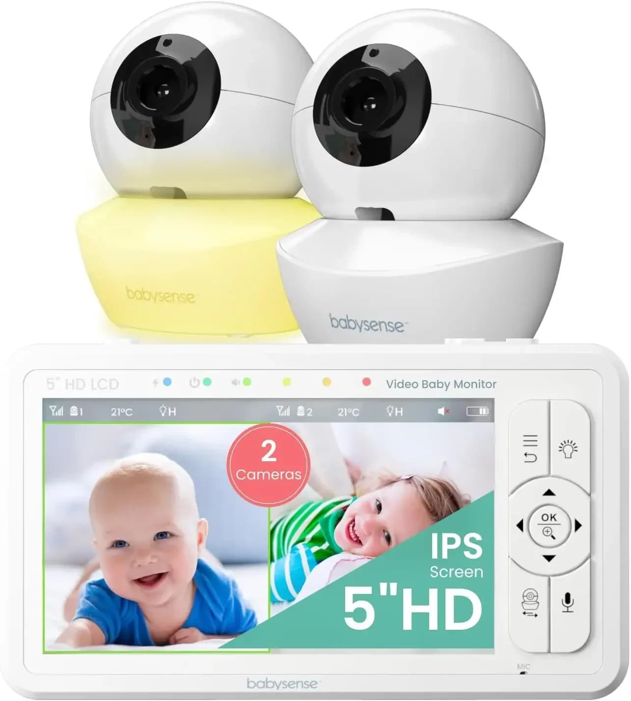 Monitor per Bambini HD da 5 Pollici con Schermo Diviso, Videocamera per Bambini con 2 Telecamere e Audio, Luce Notturna, Portata di 300 Metri, Audio Bidirezionale, Zoom 4X