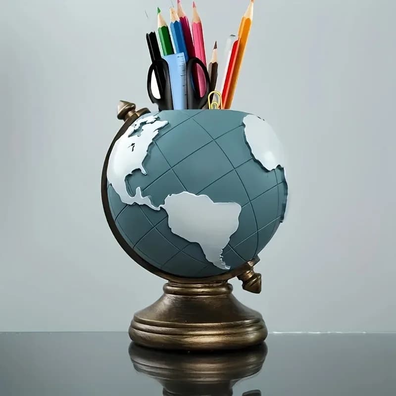 Portapenne creativo a forma di globo, organizer da scrivania in resina per ufficio e decorazioni per la casa. Conservazione unica di penne e matite geografiche