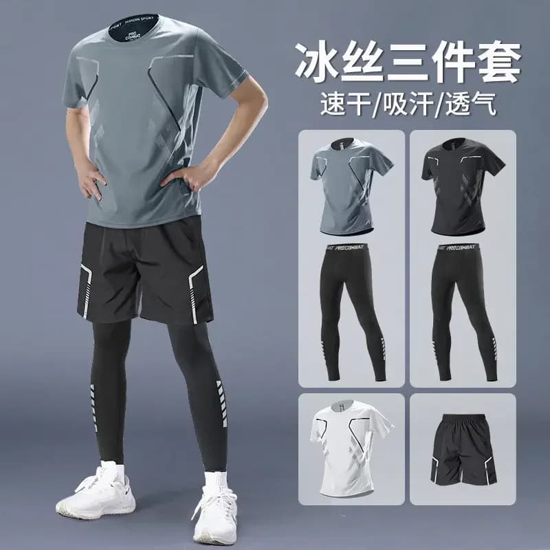 Men's Summer Sports Set Ice Silk Quick-Dry Short Sleeve T-Shirt Fitness Clothes Morning Run Training Suit Summer Running Gear