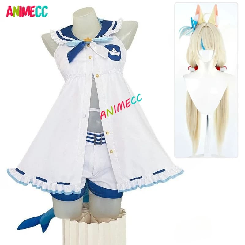 ANIMECC Disponibile, Costume Cosplay di Gura Shark Sameko Saba da Vtuber Hololive, Set Completo con Parrucca, Coda Pelosa, Orecchie per Feste di Halloween