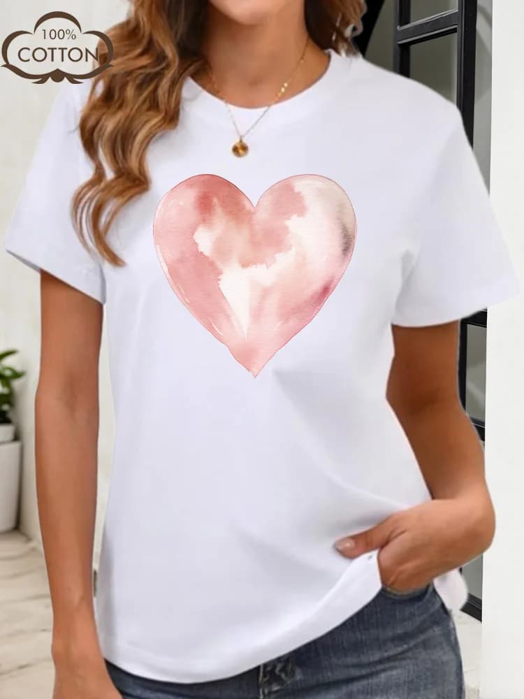 T-shirt grafica da donna con cuore dipinto a inchiostro rosa 100% cotone girocollo manica corta T-shirt casual estiva alla moda